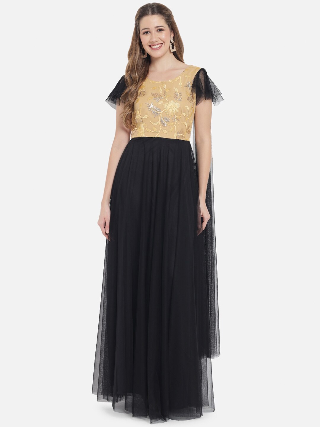 

Just Wow Women Gold-Toned & Black Floral Net Maxi Dress