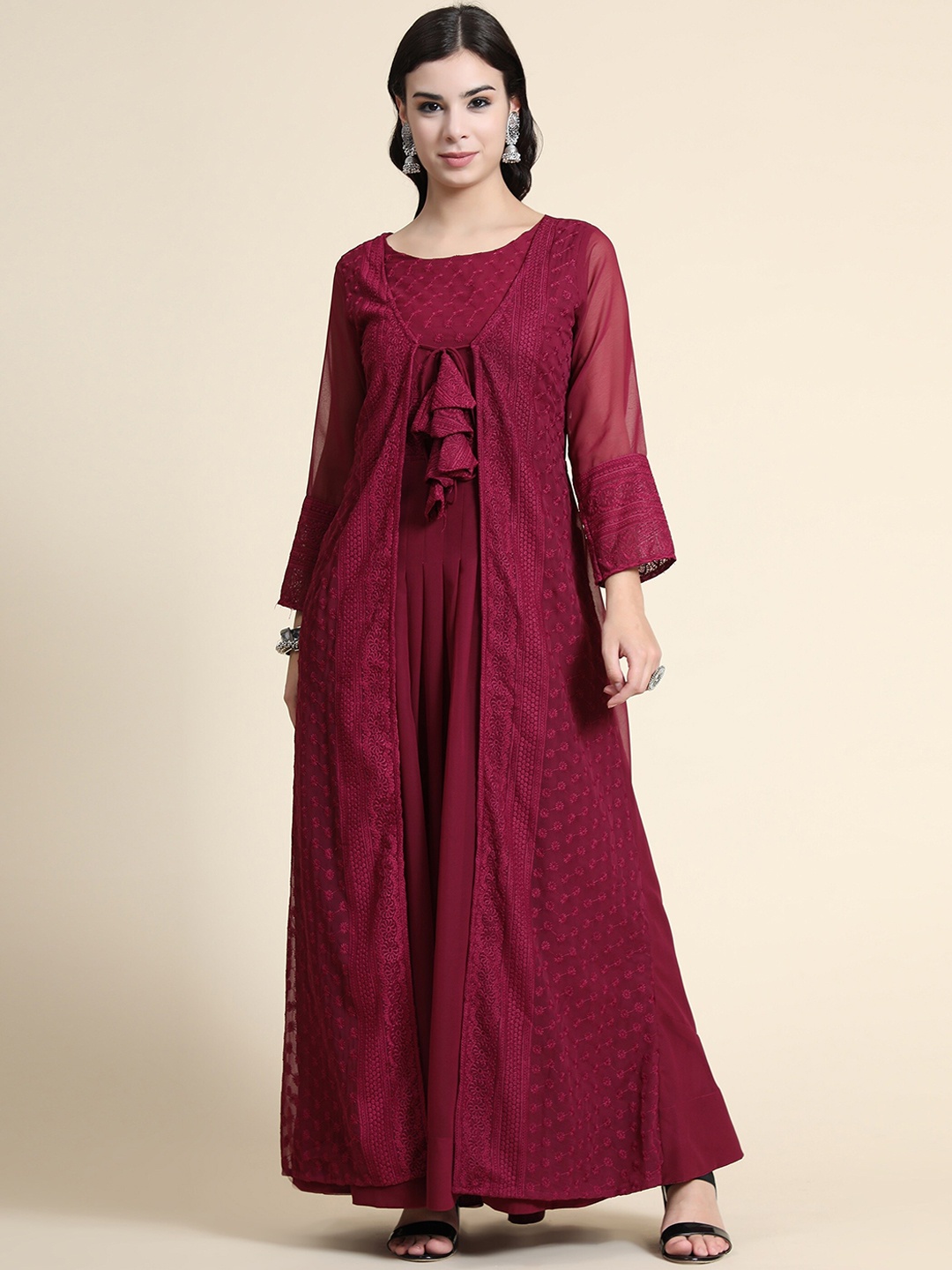 KALINI Women Burgundy Embroidered Gown Maxi Ethnic Dress