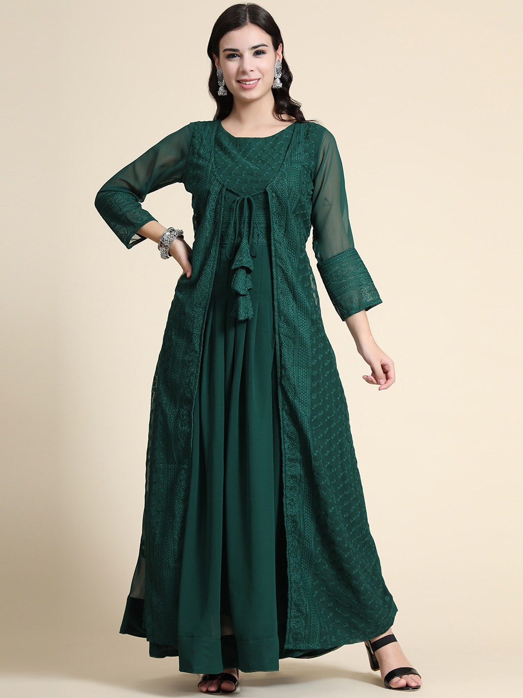 

KALINI Women Green Floral Embroidered Maxi Dresses