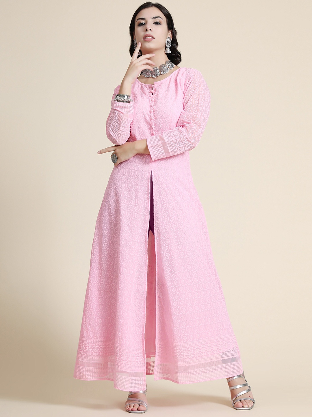 

KALINI Women Pink Chikankari Maxi Long Ethnic Dress