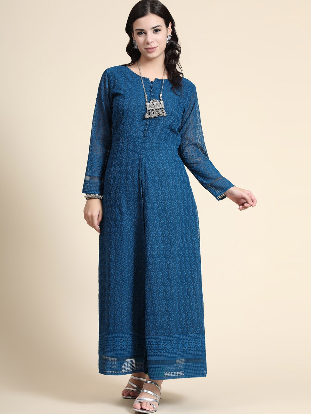 

KALINI Women Teal Blue Embroidered Ethnic Dresses