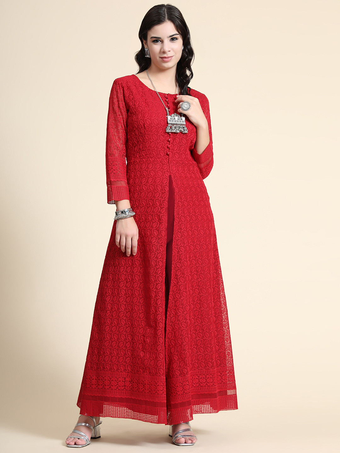 

KALINI Women Red Embroidered Ethnic Dress
