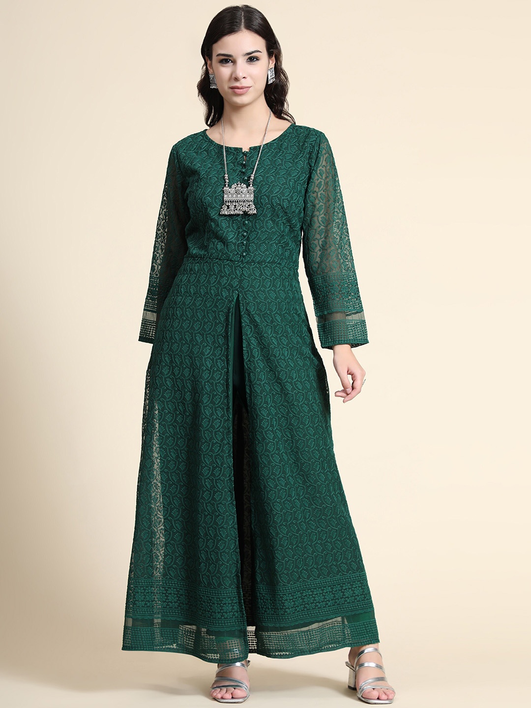 

KALINI Women Green Embroidered Long Ethnic Dress