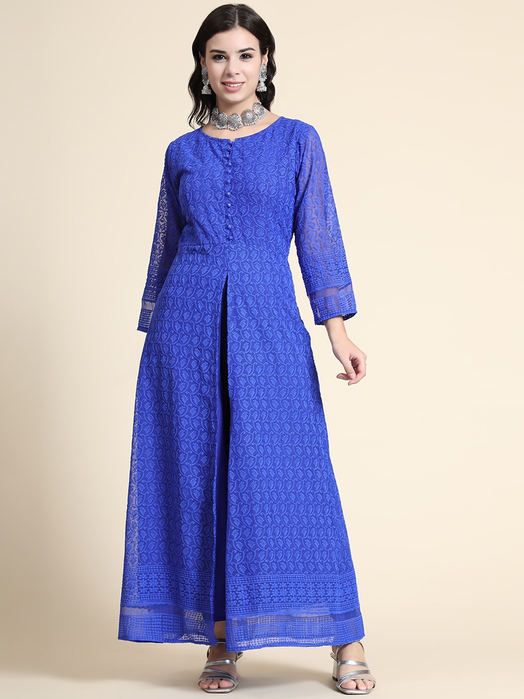 

KALINI Women Blue Embroidered Georgette Maxi Long Ethnic Dress