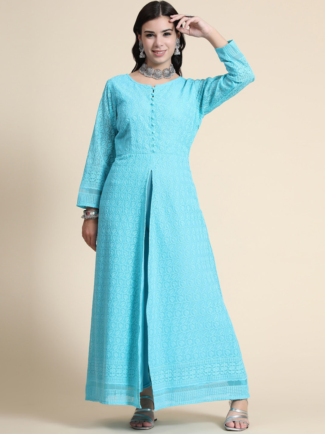 

KALINI Women Blue Embroidered Maxi Long Ethnic Dress