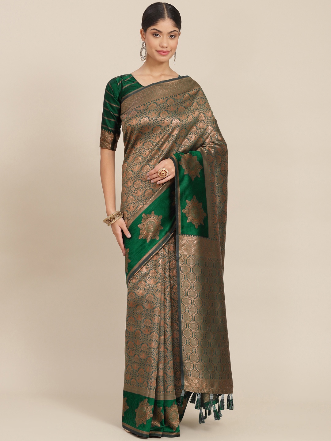 

SHANGRILA Green & Rose Gold Ethnic Motifs Zari Art Silk Banarasi Saree