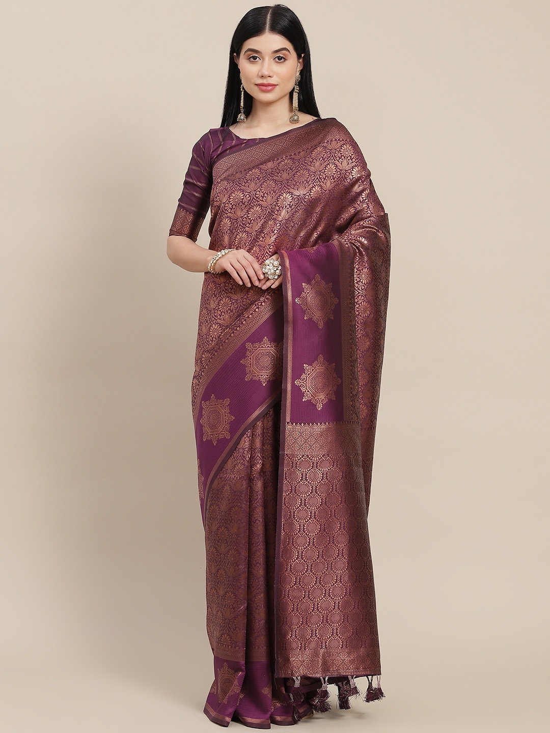 

SHANGRILA Purple Ethnic Motifs Zari Art Silk Ready to Wear Banarasi Saree