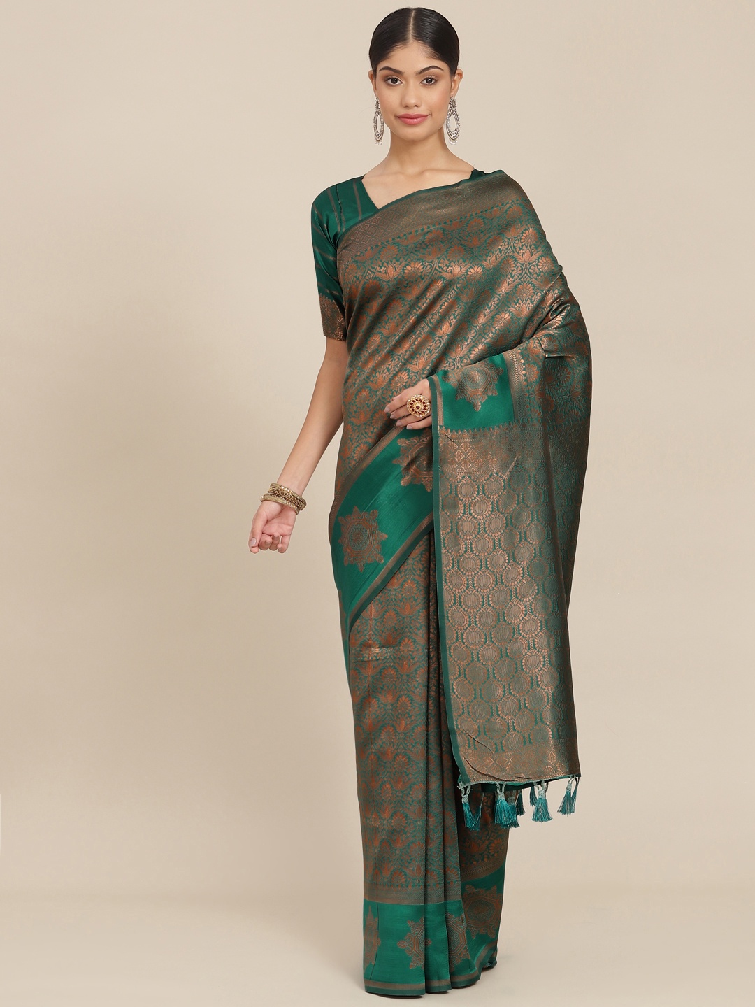 

SHANGRILA Teal & Bronze-Toned Ethnic Motifs Zari Art Silk Banarasi Saree