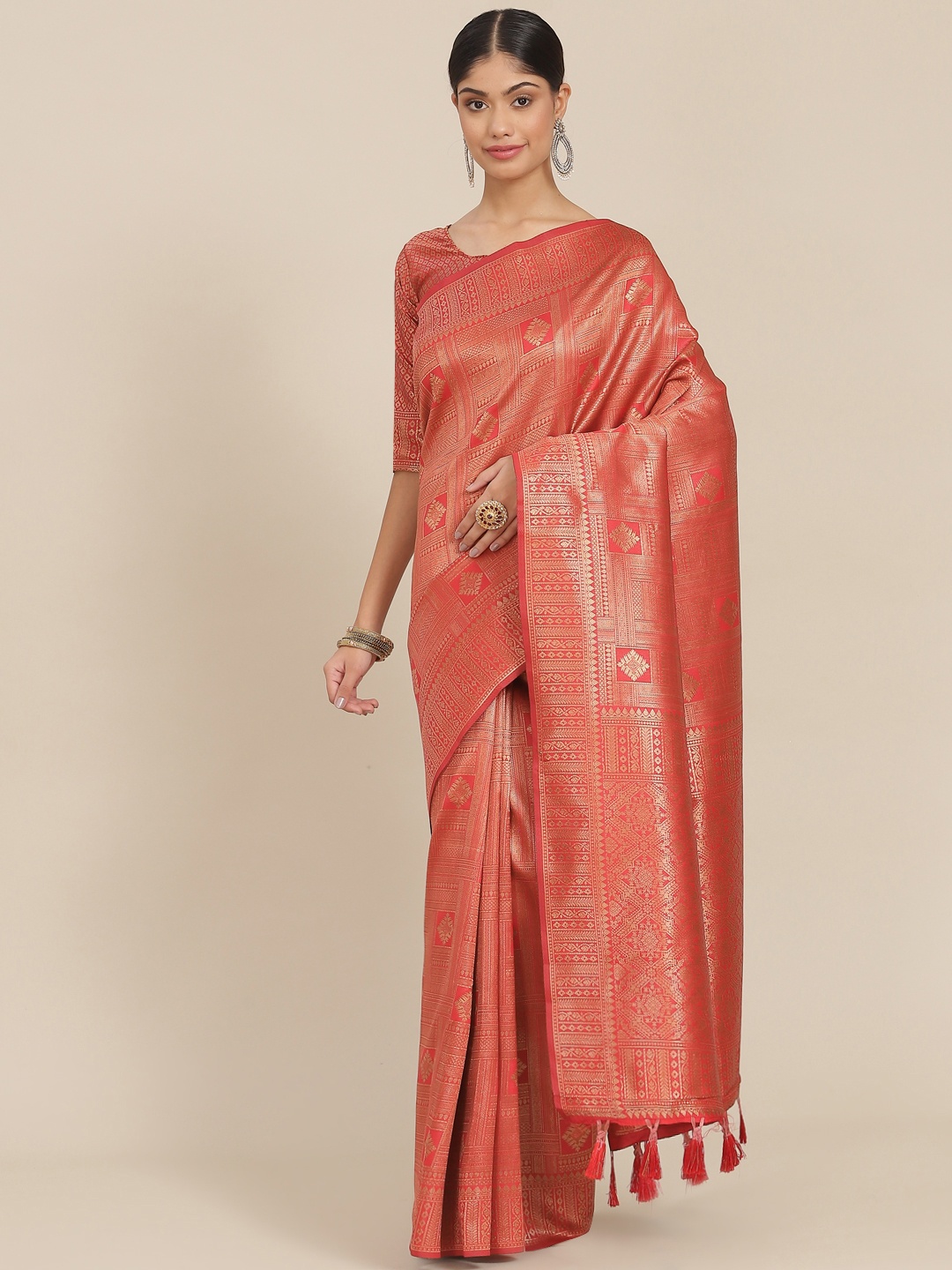 

SHANGRILA Red & Gold-Toned Ethnic Motifs Zari Art Silk Banarasi Saree