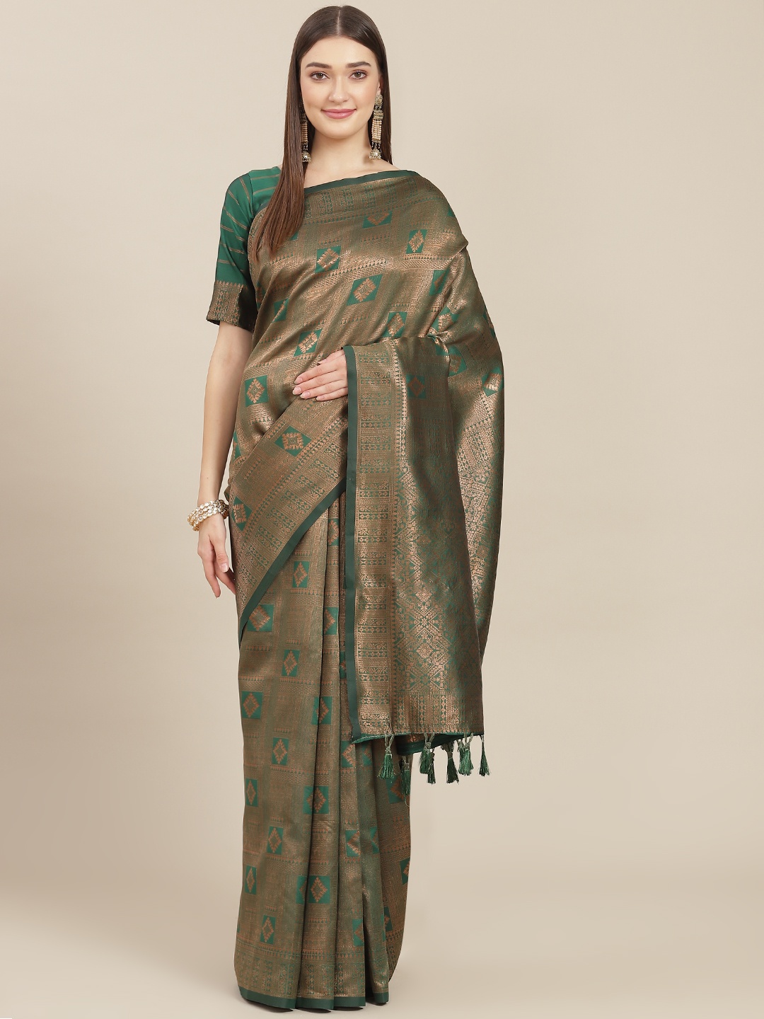 

SHANGRILA Green & Rose Gold Ethnic Motifs Zari Art Silk Banarasi Saree