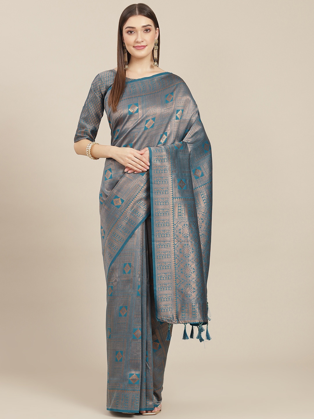 

SHANGRILA Turquoise Blue & Metallic Ethnic Motifs Zari Art Silk Banarasi Saree