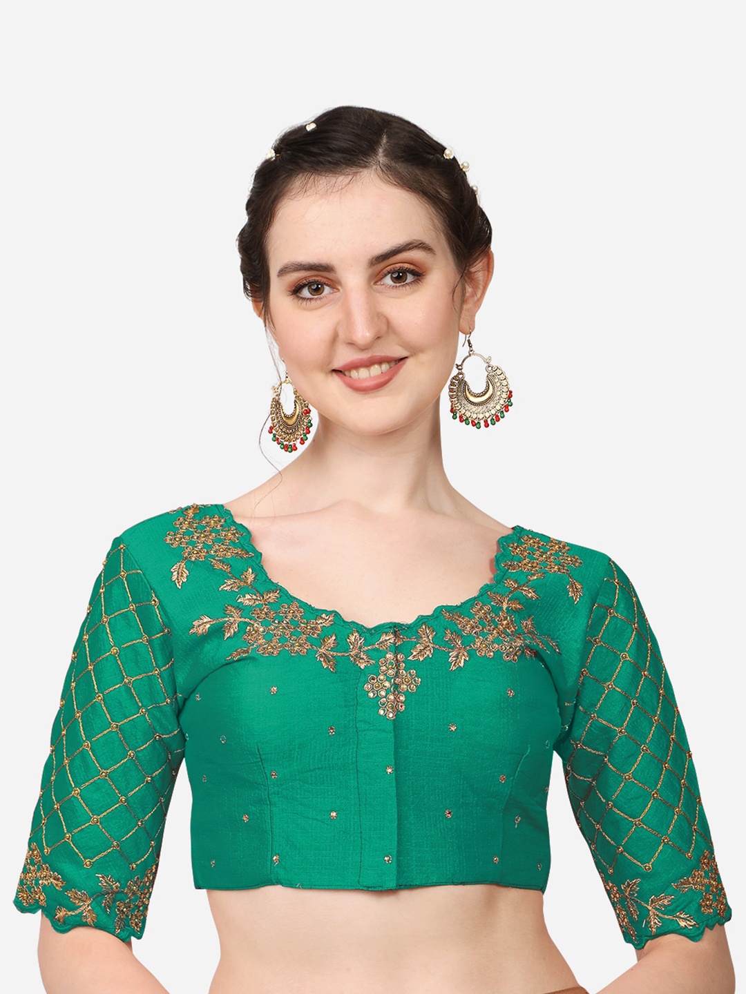 

PUJIA MILLS Green Embroidered Silk Readymade Saree Blouse