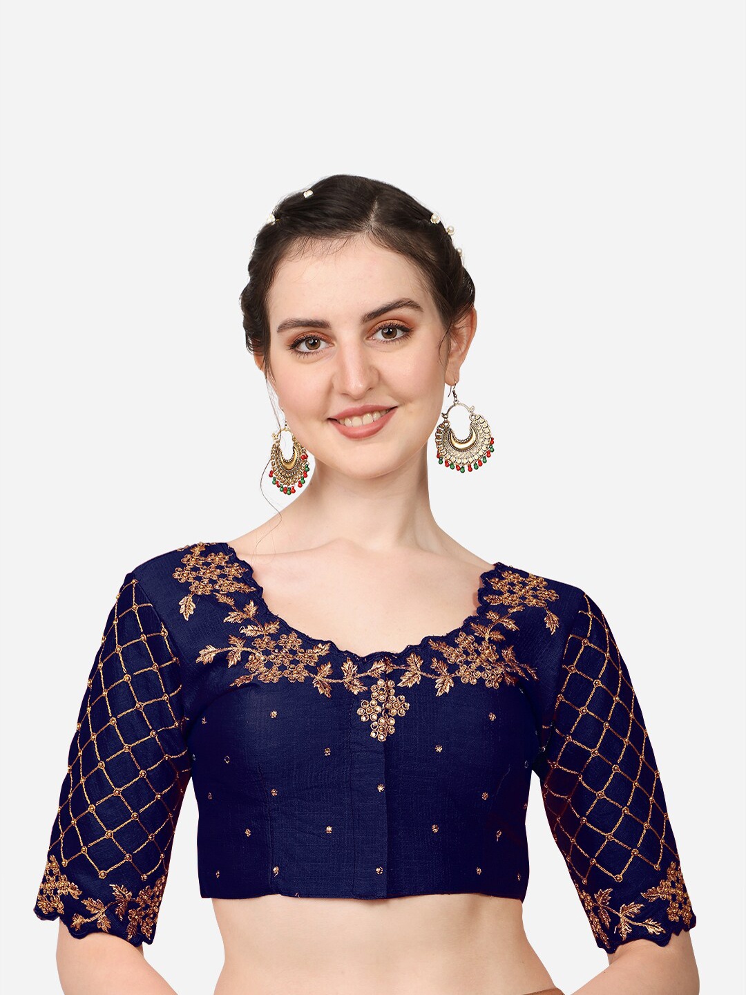 

PUJIA MILLS Women Navy Blue & Gold-Coloured Embroidered Saree Blouse