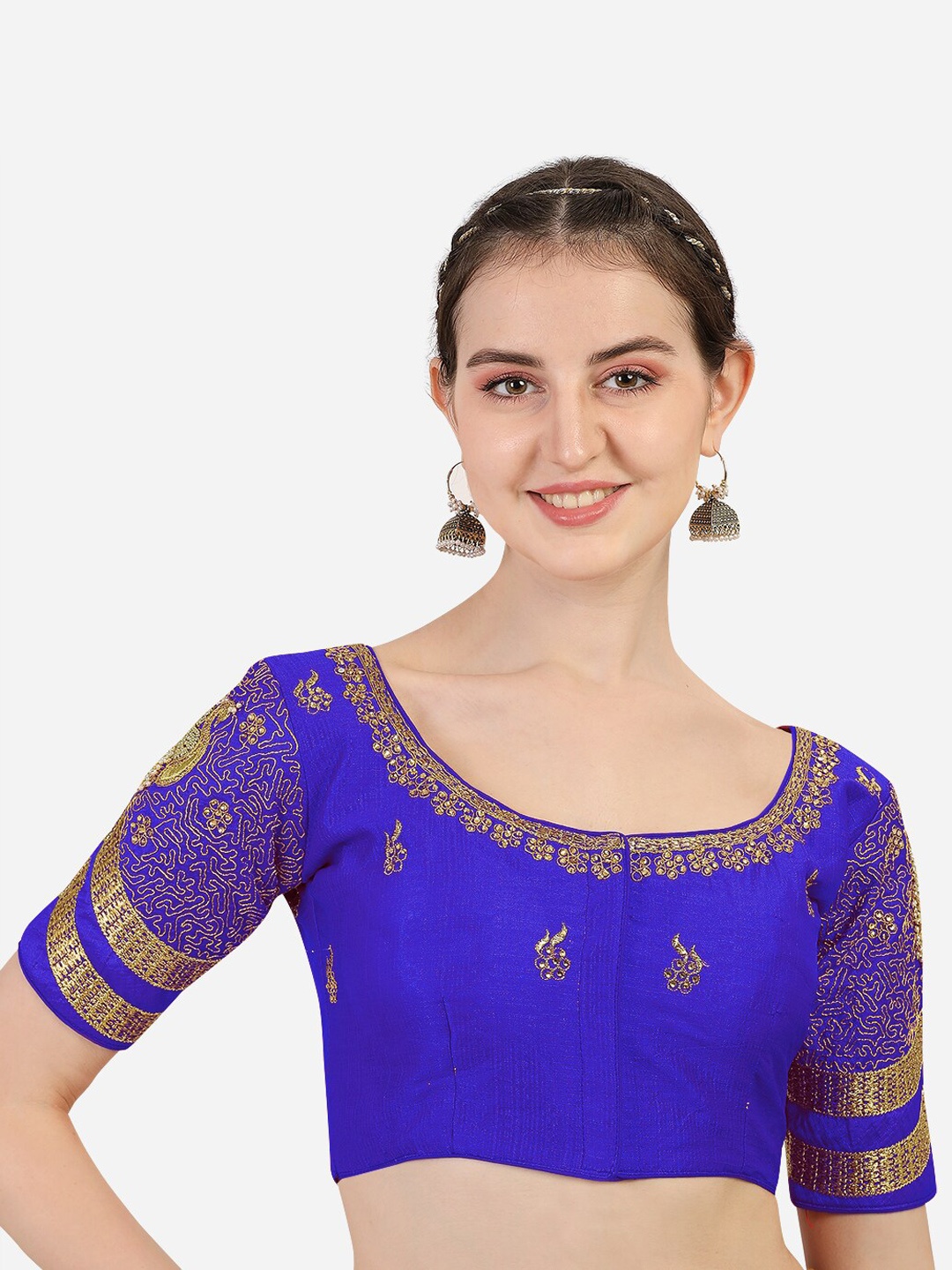 

PUJIA MILLS Blue Embroidered Padded Saree Blouse
