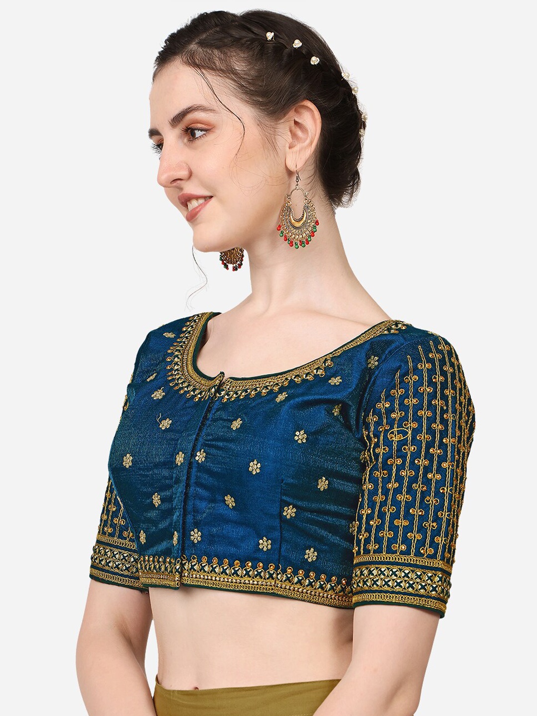

PUJIA MILLS Teal Blue & Gold-Coloured Embroidered Saree Blouse