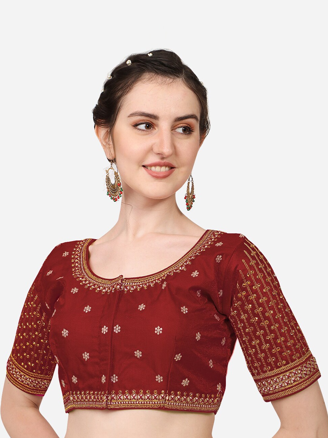 

PUJIA MILLS Women Maroon Embroidered Saree Blouse