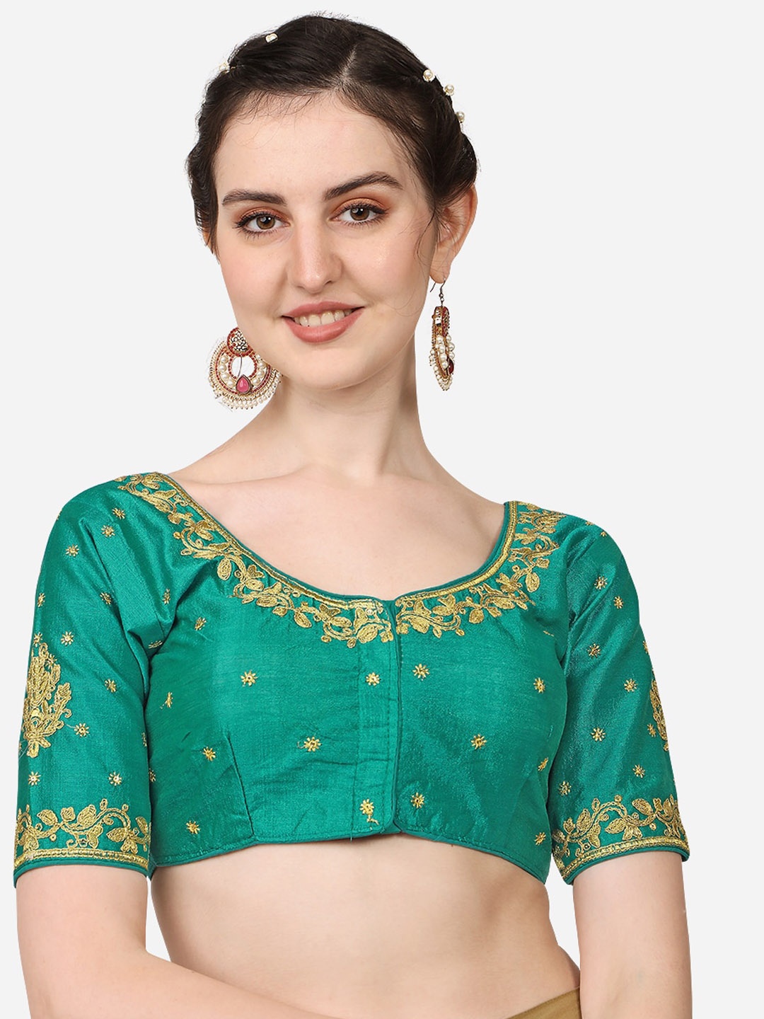 

PUJIA MILLS Tea-Coloured Embroidered Padded Saree Blouse, Teal