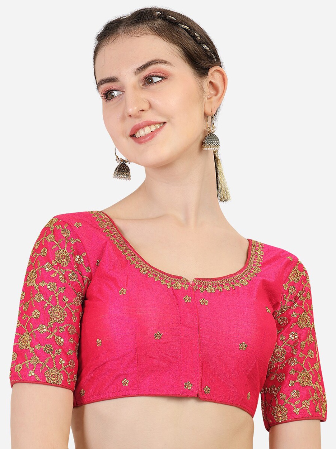 

PUJIA MILLS Women Pink Heavy Bridal Embroidered Readymade Saree Blouse