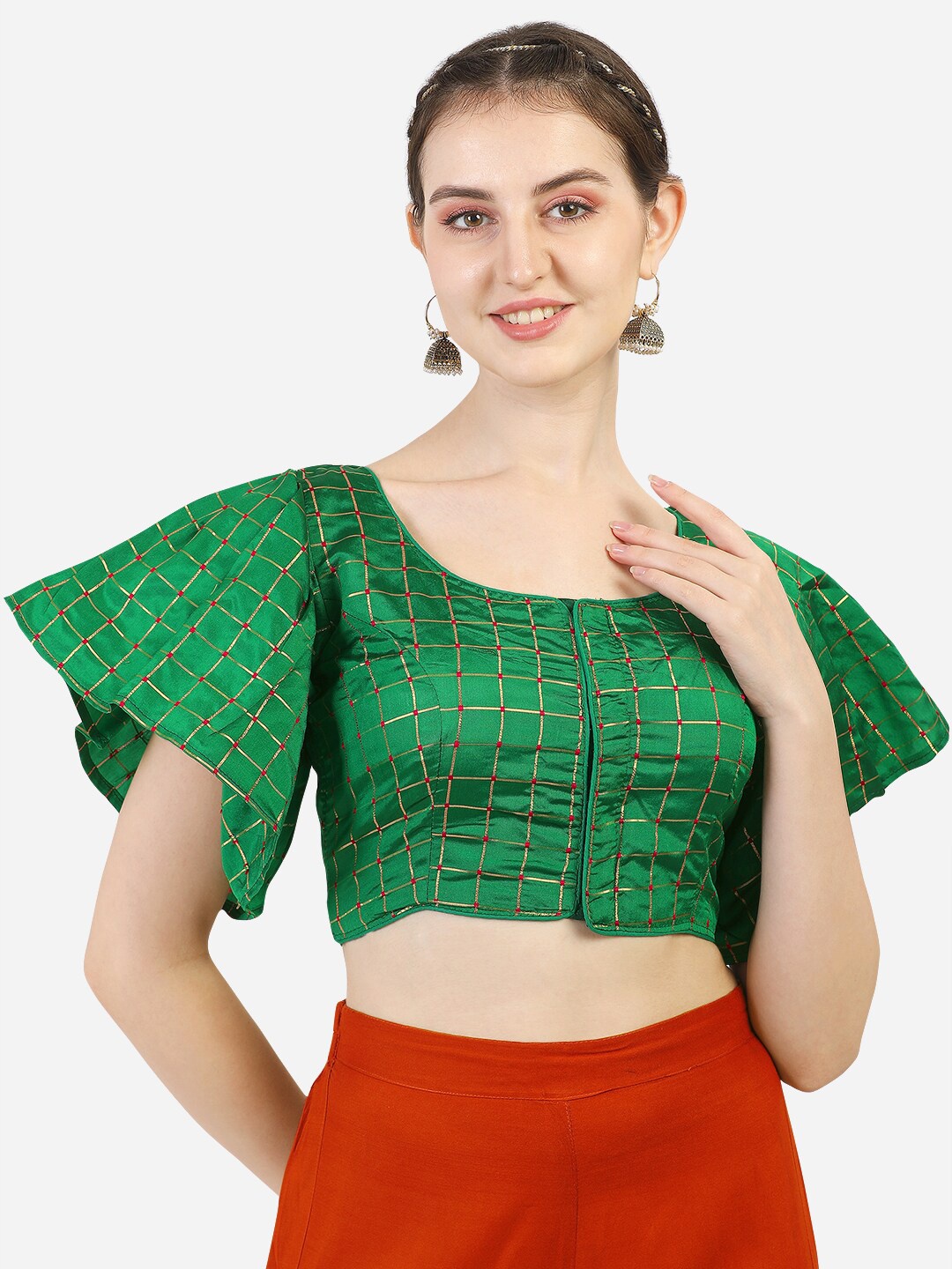

PUJIA MILLS Women Green Self-Design Stylise Sleeves Saree Blouse