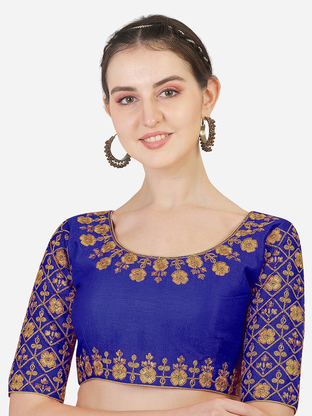 

PUJIA MILLS Blue Embroidered Silk Saree Blouse