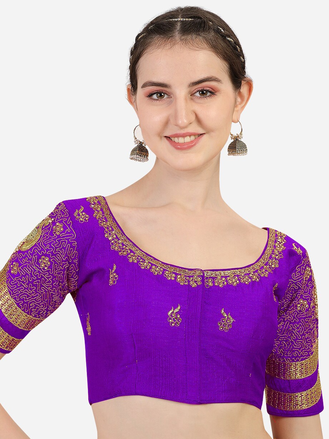 

PUJIA MILLS Women Purple Embroidered Silk Saree Blouse