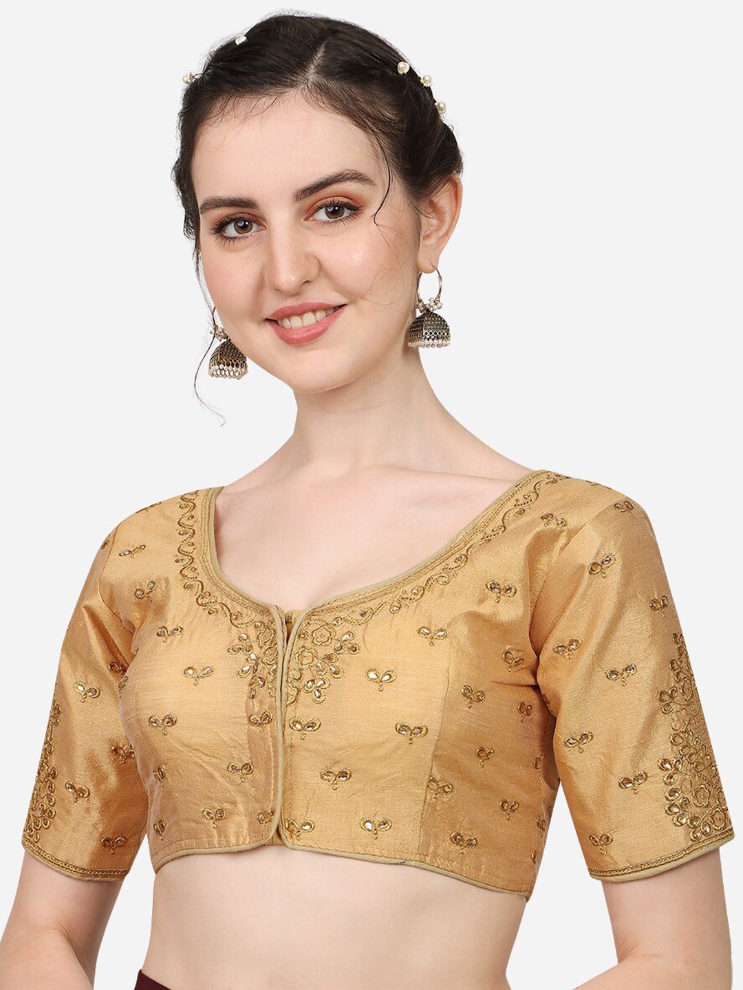 

PUJIA MILLS Gold-Toned Embroidered Padded Saree Blouse