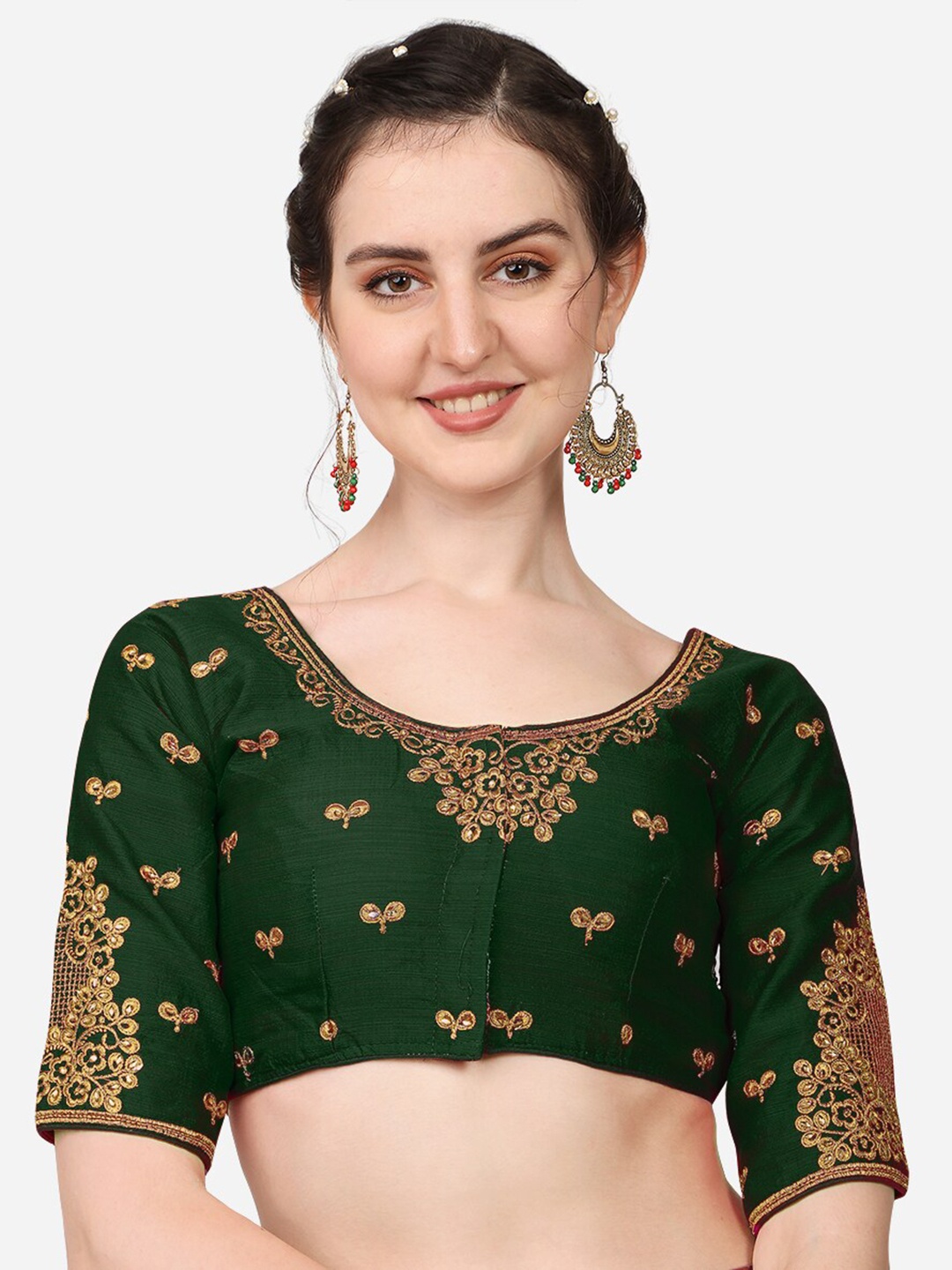 

PUJIA MILLS Green & Gold-Coloured Embroidered Saree Blouse