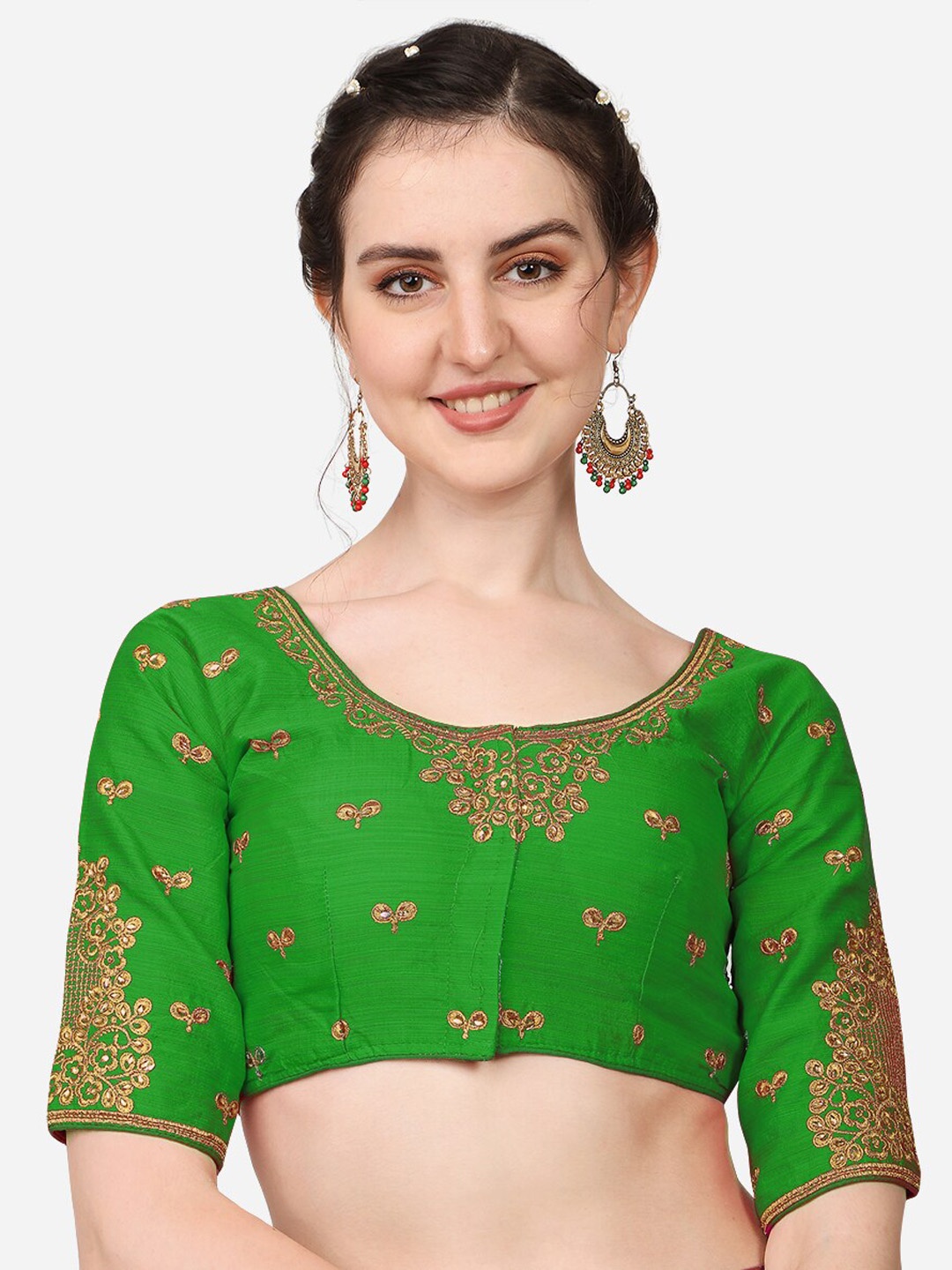 

PUJIA MILLS Green Embroidery & Stone Work Readymade Saree Blouse