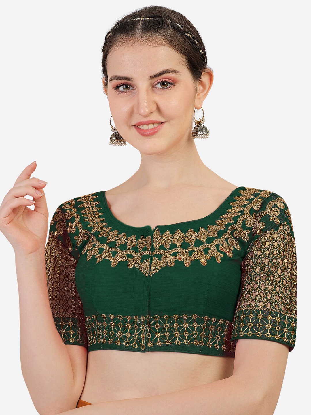 

PUJIA MILLS Green Embroidered Silk Saree Blouse