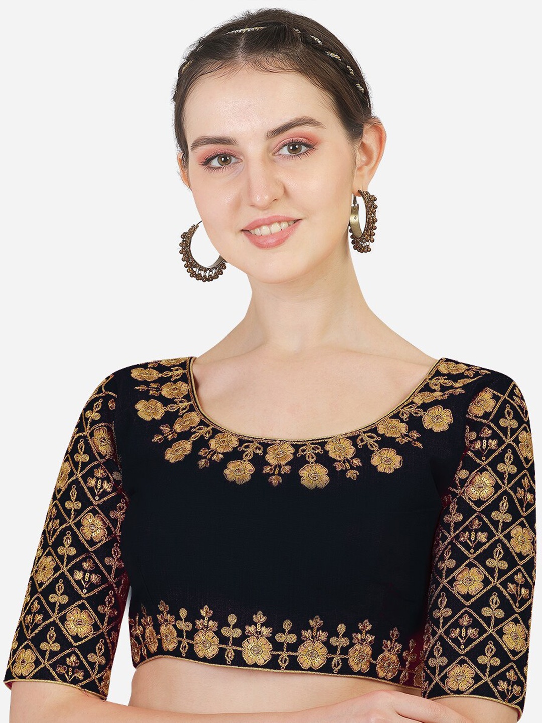 

PUJIA MILLS Black Embroidered Silk Saree Blouse