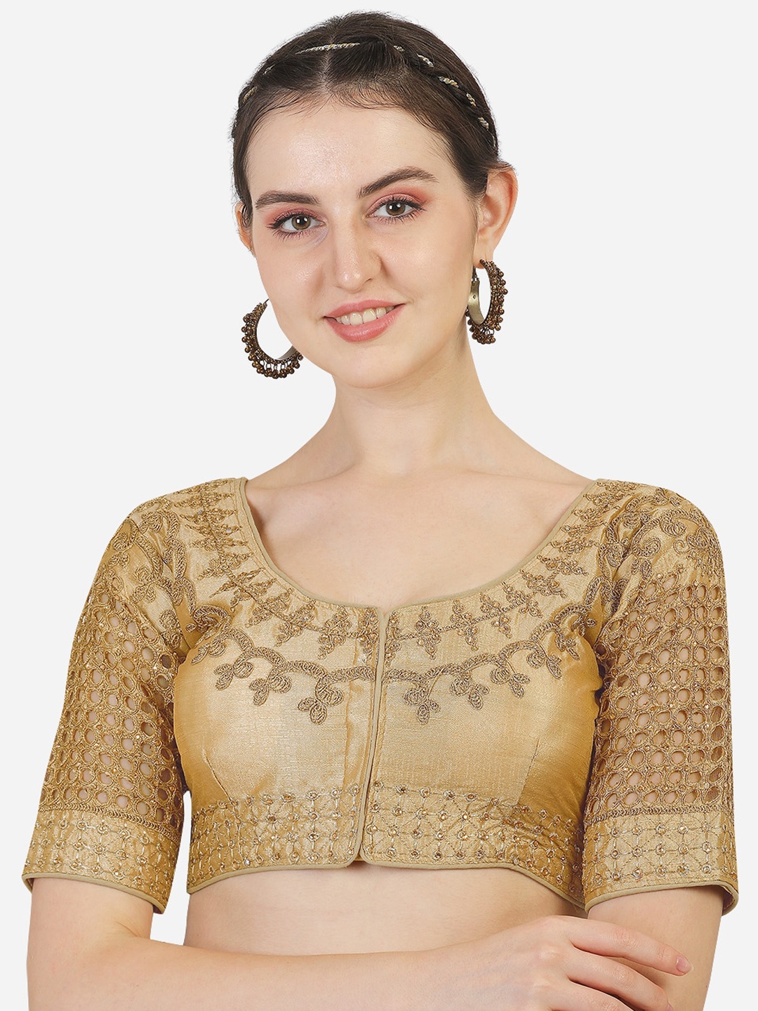 

PUJIA MILLS Gold Toned Embroidered Saree Blouse
