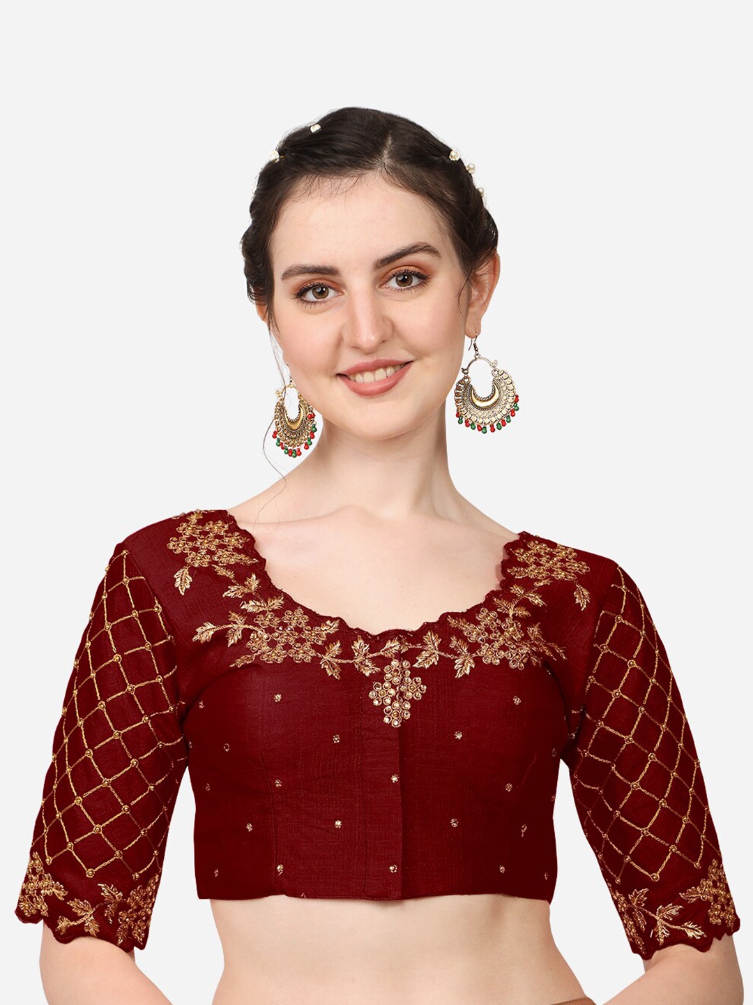 

PUJIA MILLS Women Maroon Embroidered Saree Blouse