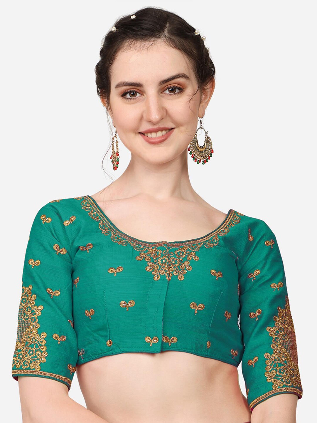 

PUJIA MILLS Women Teal Embroidered Saree Blouse