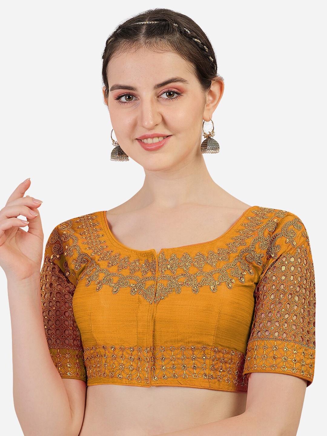 

PUJIA MILLS Yellow Embroidered Stone Work Readymade Silk Saree Blouse