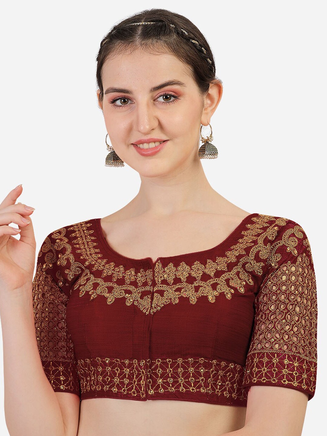 

PUJIA MILLS Women Maroon Embroidered Silk Saree Blouse