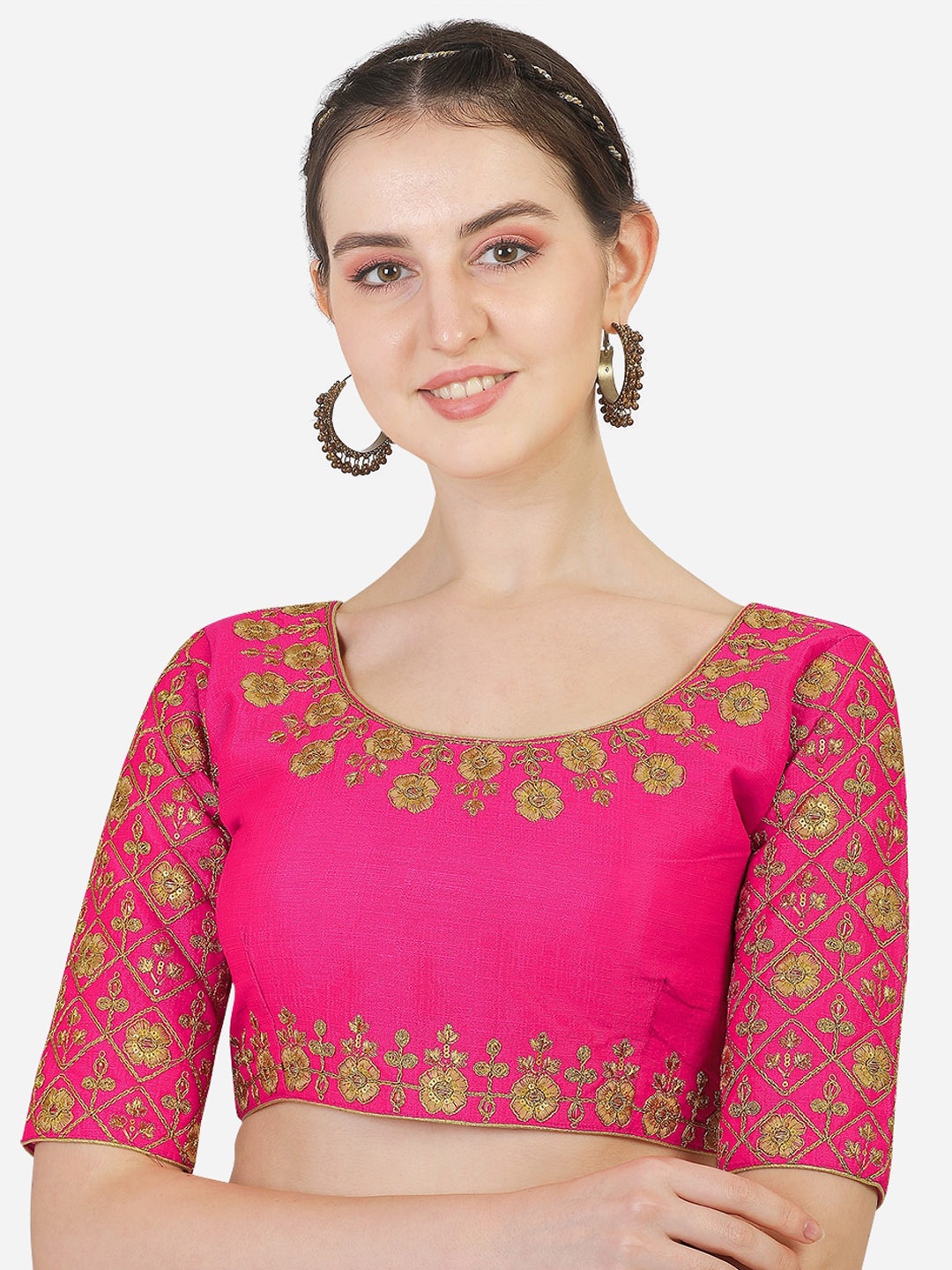 

PUJIA MILLS Women Embroidered Readymade Saree Blouse, Pink