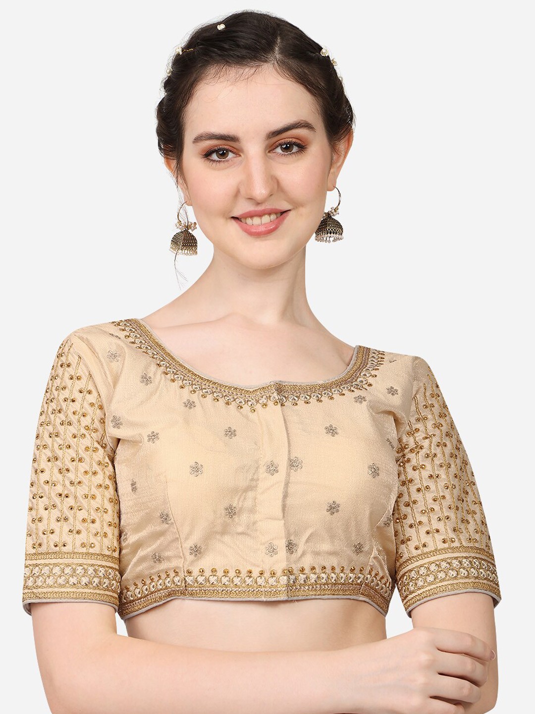 

PUJIA MILLS Cream-Colored Embroidered Saree Blouse