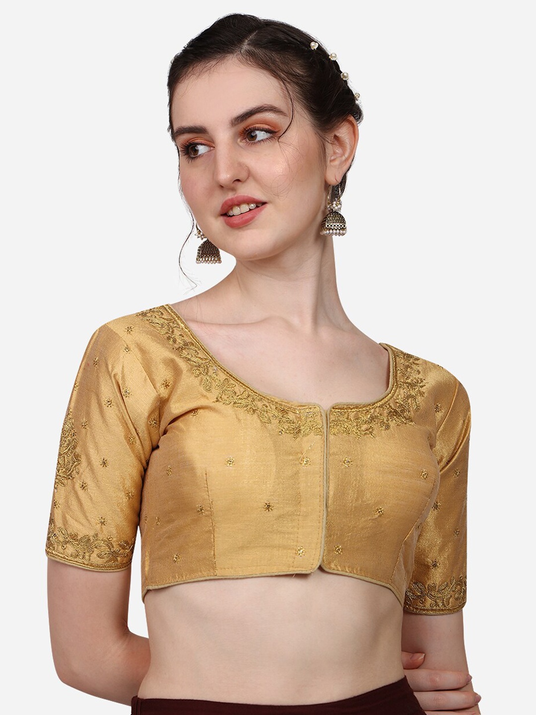 

PUJIA MILLS Golden Toned Embroidered Saree Blouse, Gold