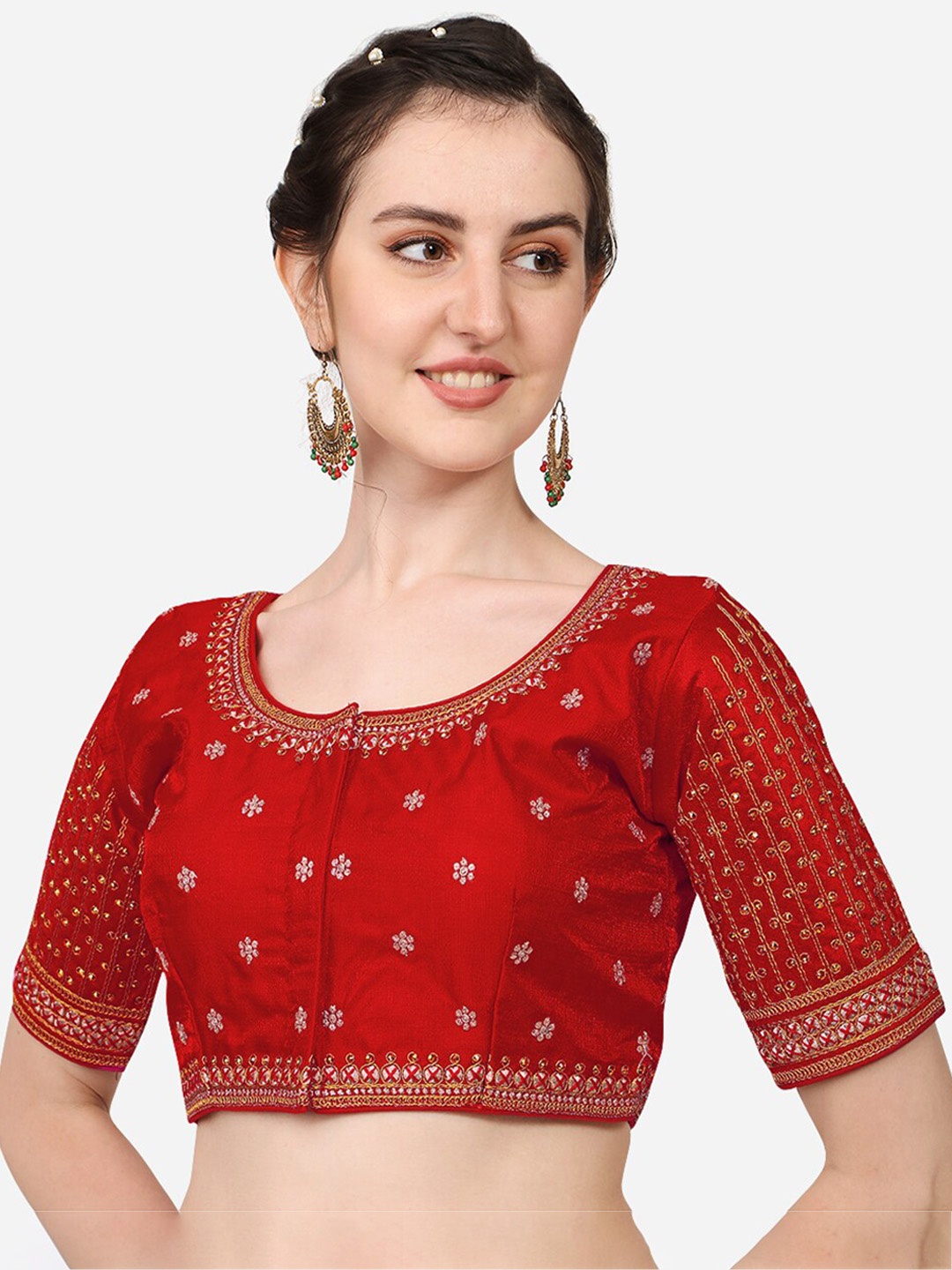 

PUJIA MILLS Red & Gold-Coloured Embroidered Saree Blouse