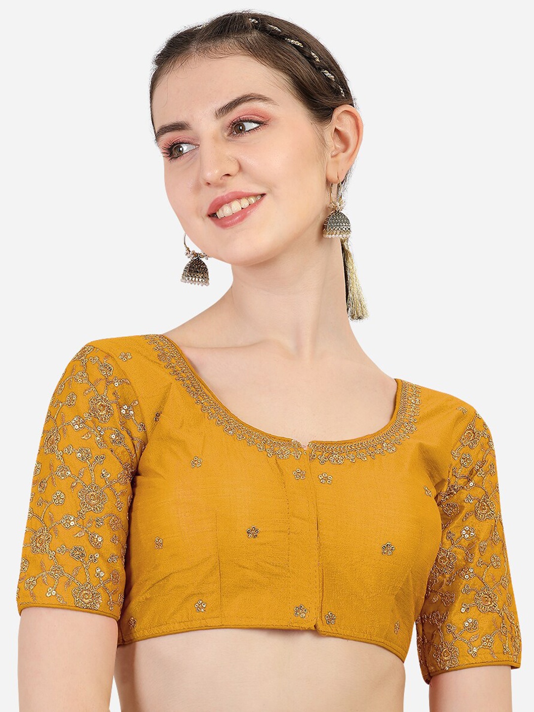 

PUJIA MILLS Yellow Embroidered Silk Ready made Saree Blouse