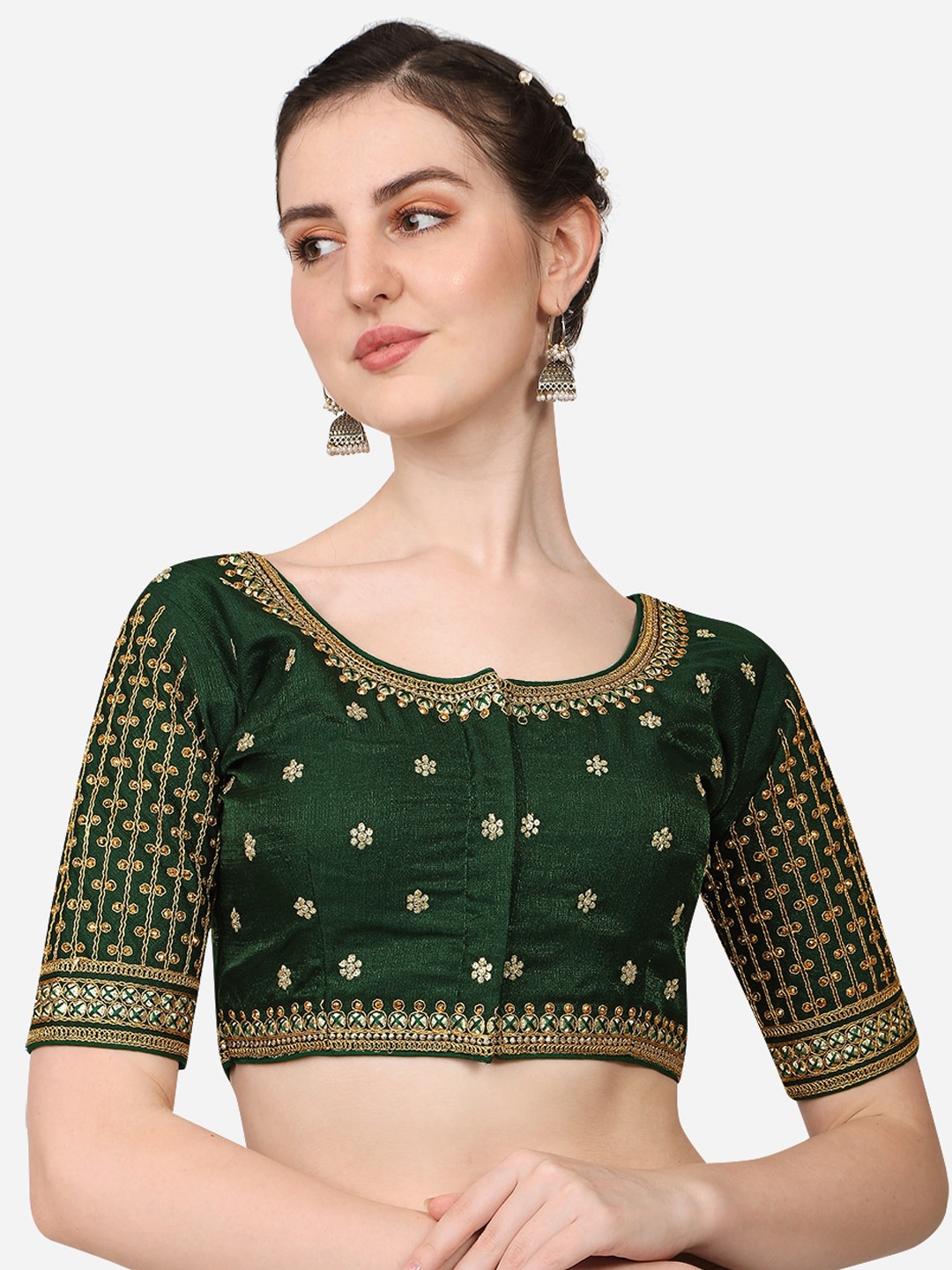 

PUJIA MILLS Green Embroidered Padded Saree Blouse