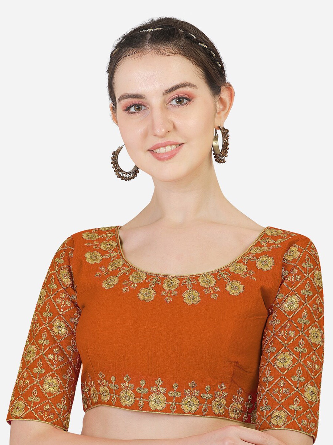 

PUJIA MILLS Orange & Golden Embroidered Saree Blouse
