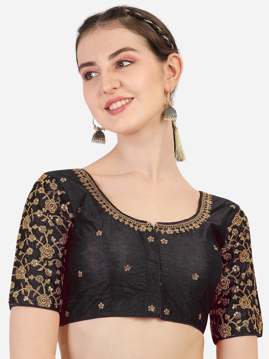 

PUJIA MILLS Black Embroidered Saree Blouse