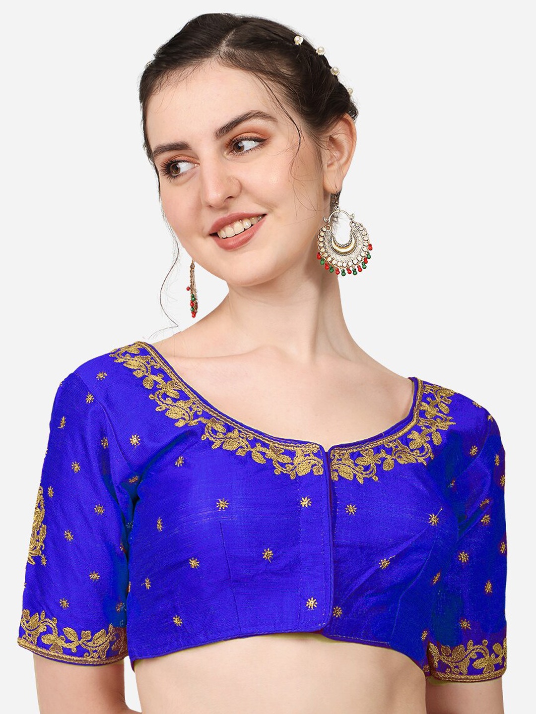 

PUJIA MILLS Blue Embroidered Silk Saree Blouse
