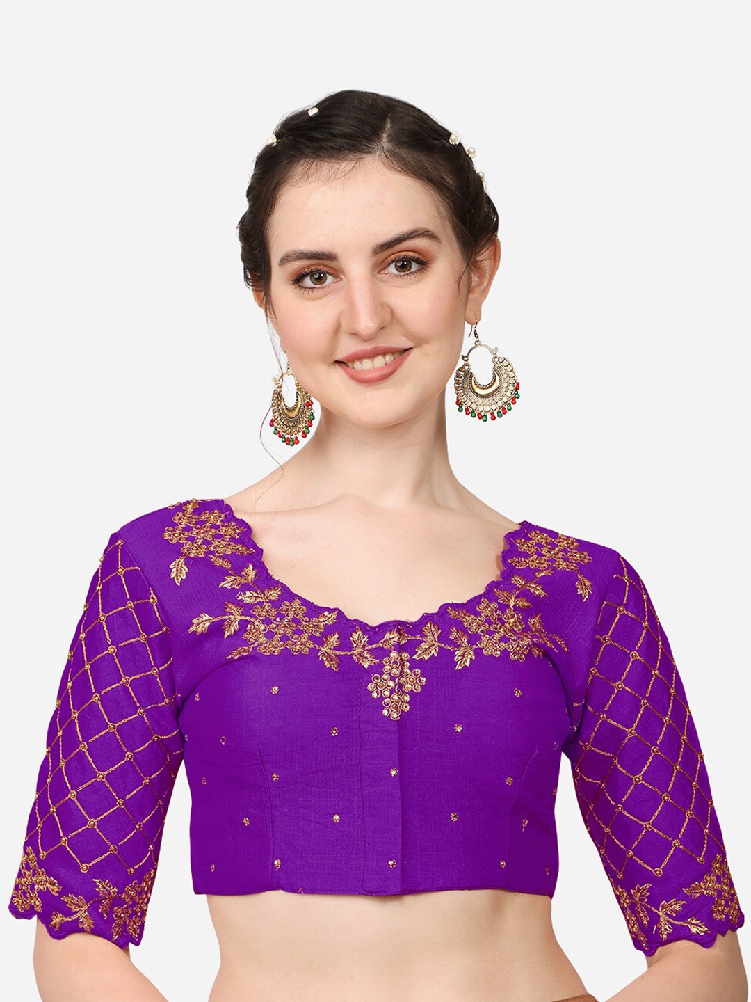 

PUJIA MILLS Purple Embroidered Padded Saree Blouse