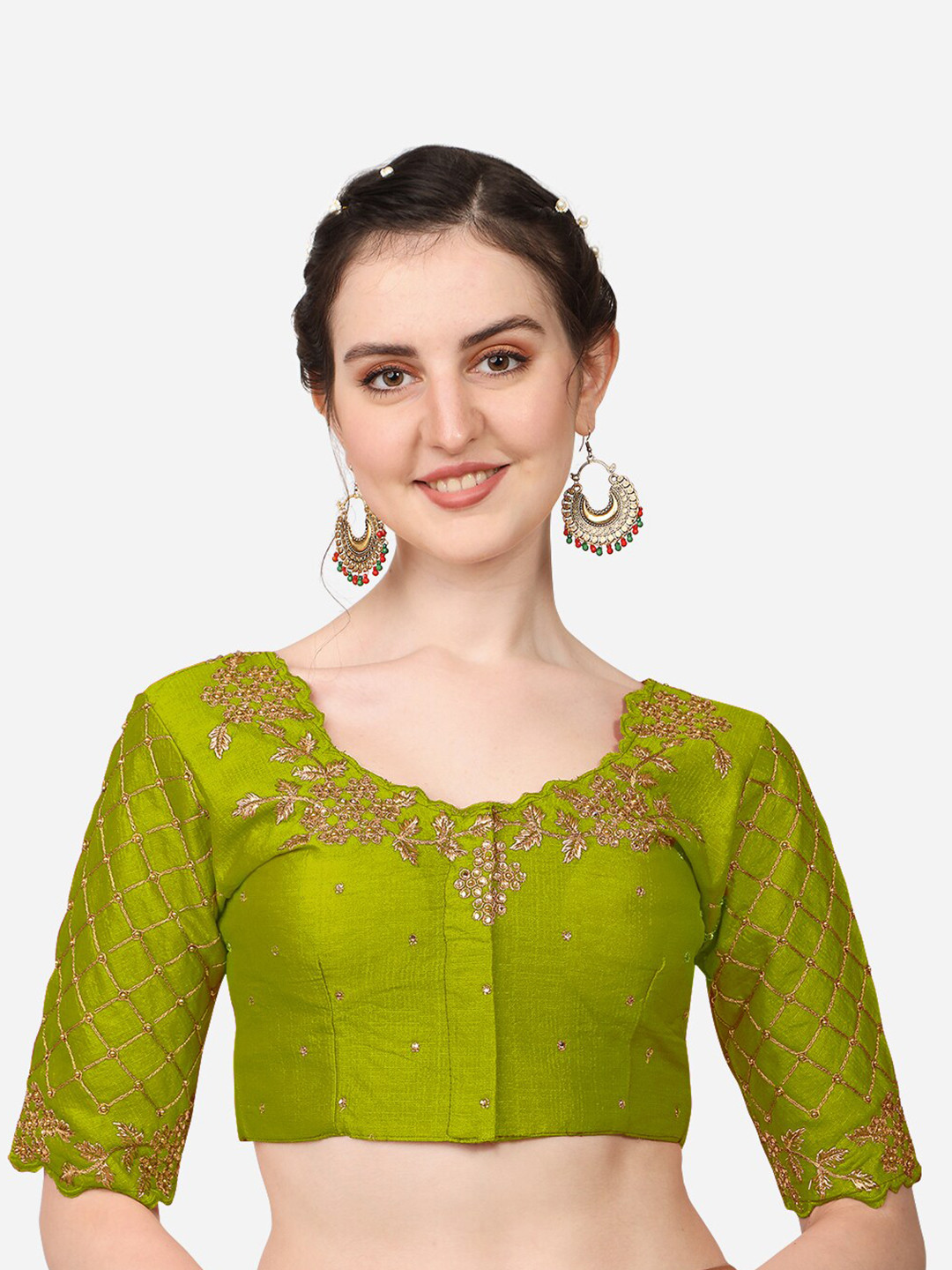 

PUJIA MILLS Green Embroidered & Stone Work Saree Blouse