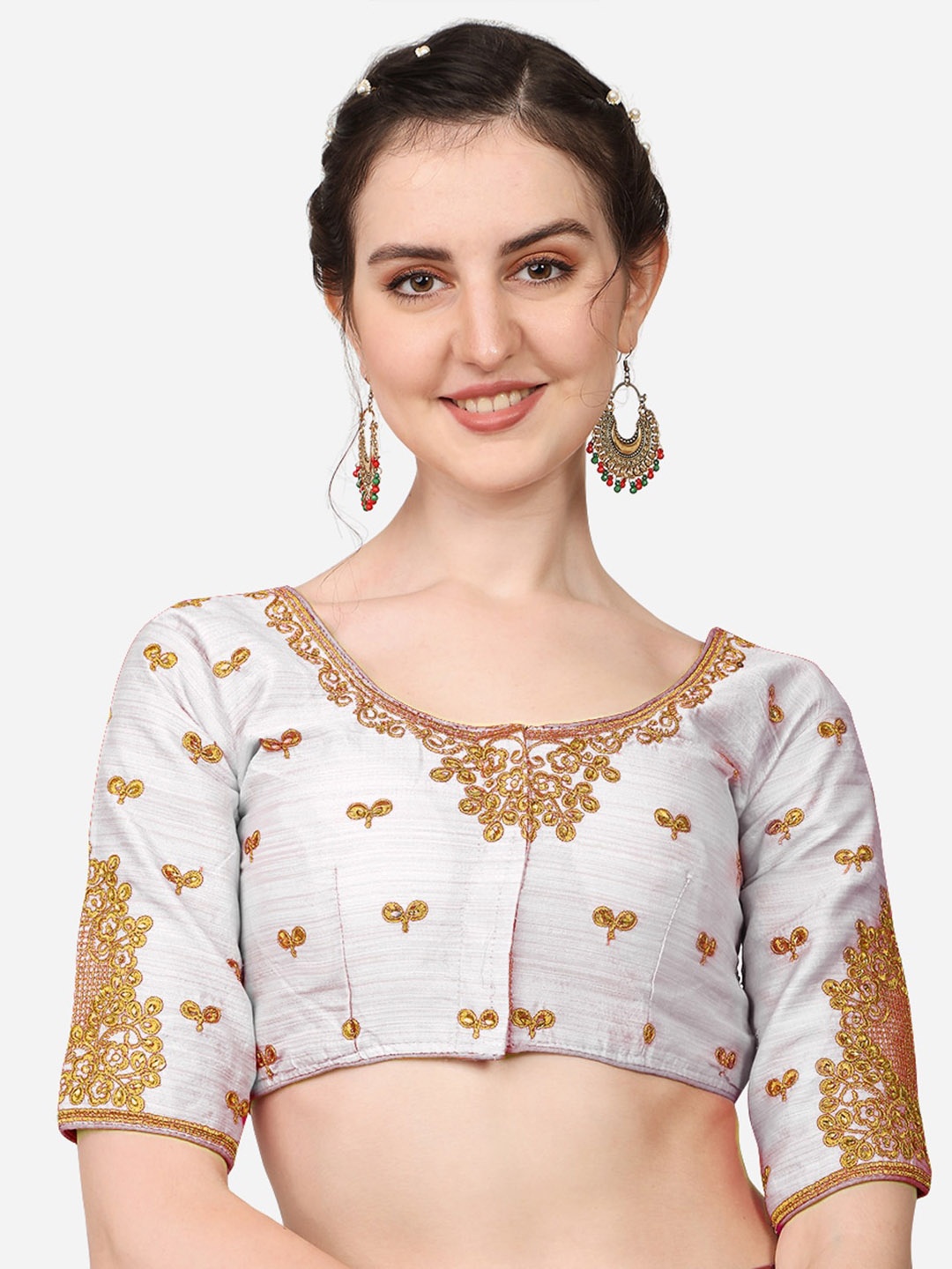 

PUJIA MILLS White Embroidered Silk Saree Blouse