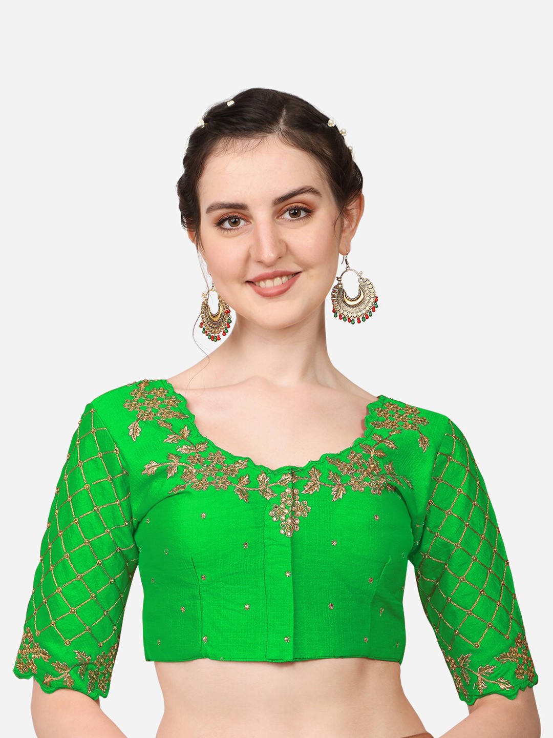 

PUJIA MILLS Women Green Embroidered & Stone Work Saree Blouse