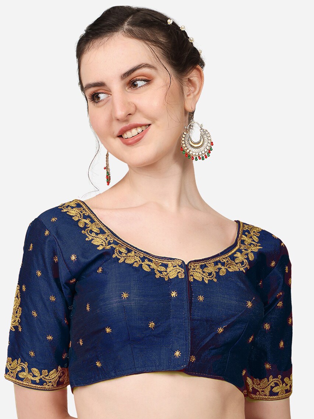 

PUJIA MILLS Women Navy Blue Embroidered Saree Blouse