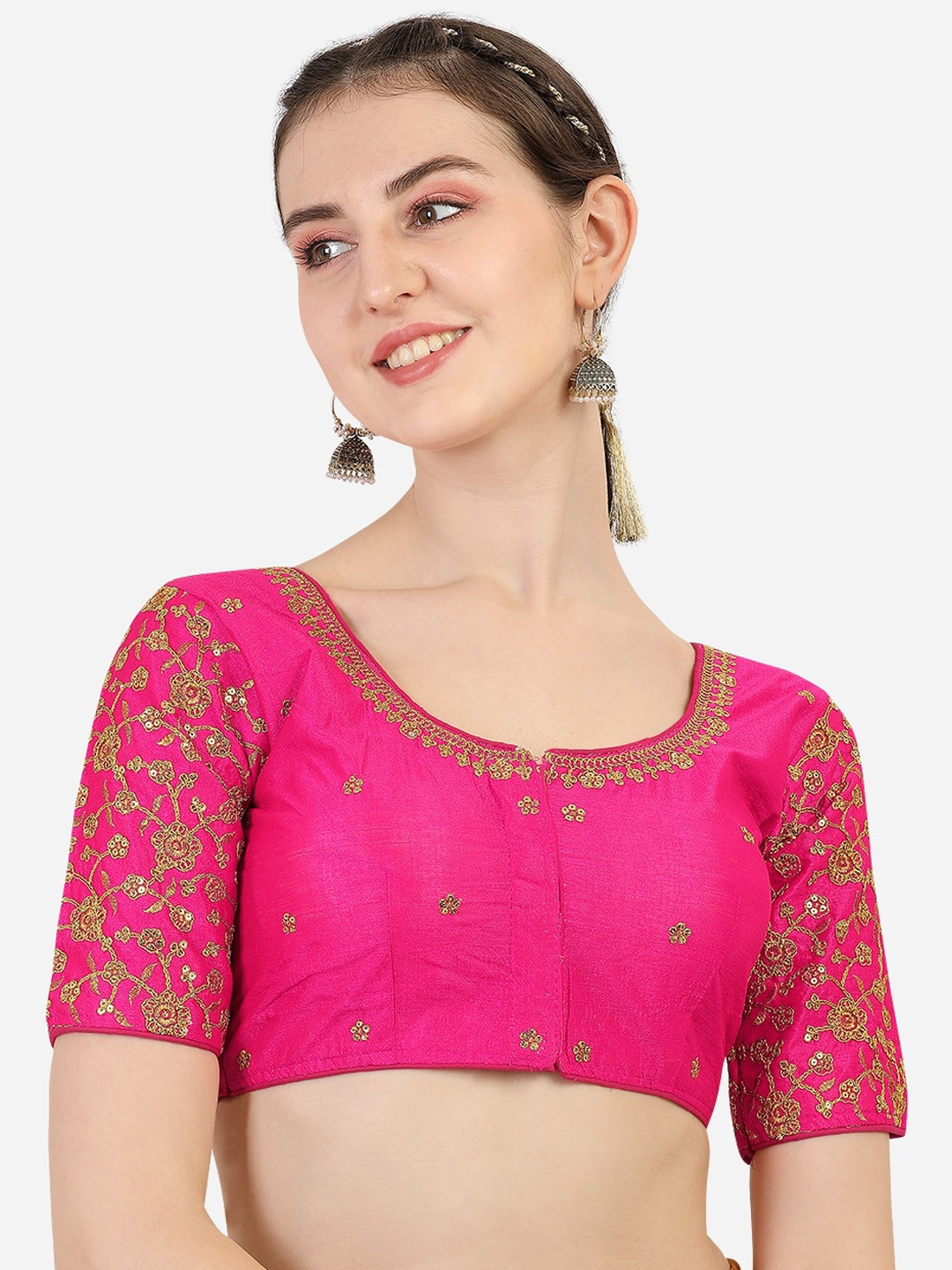 

PUJIA MILLS Pink & Gold-Coloured Embroidered Saree Blouse